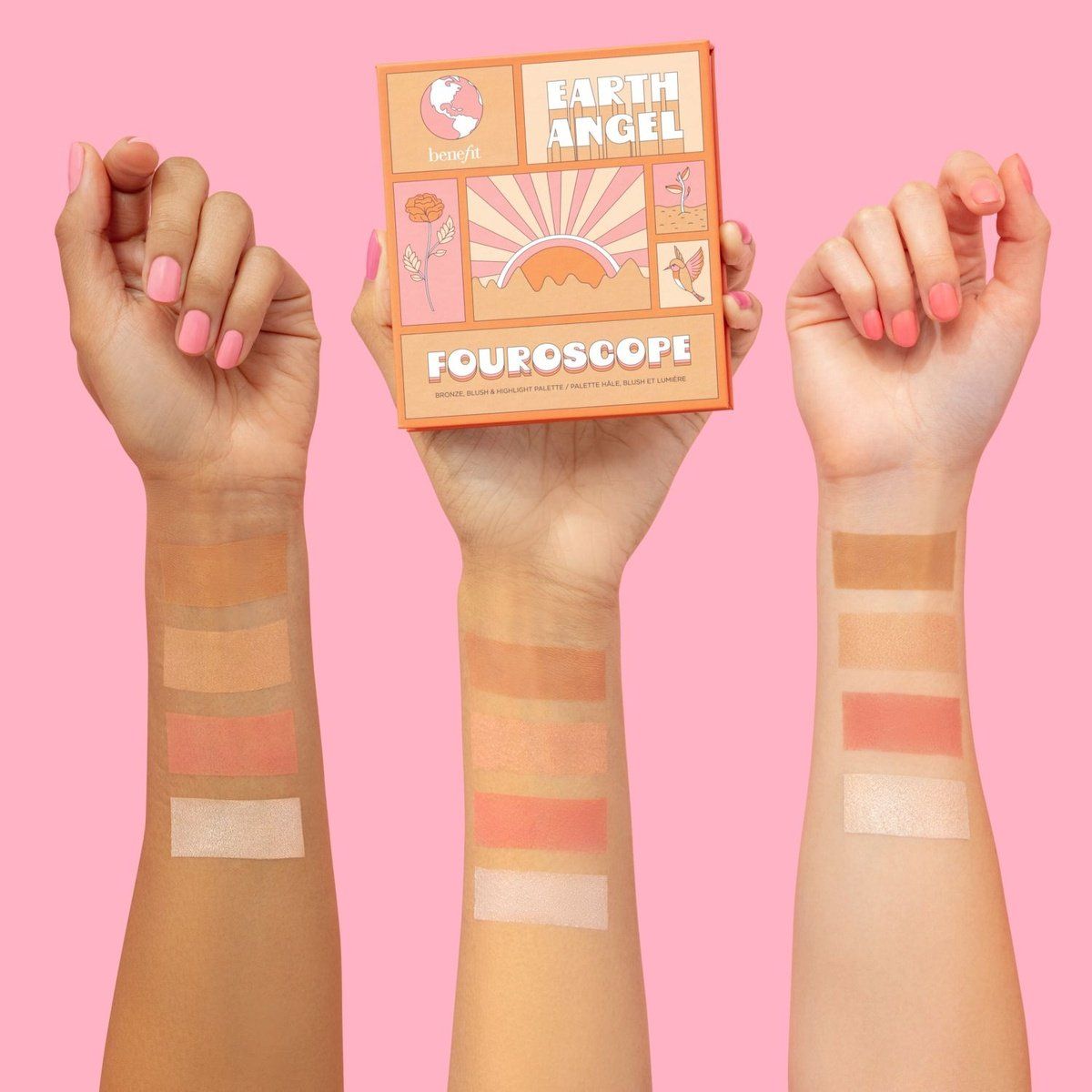 Three arms with blush swatches on a pink background